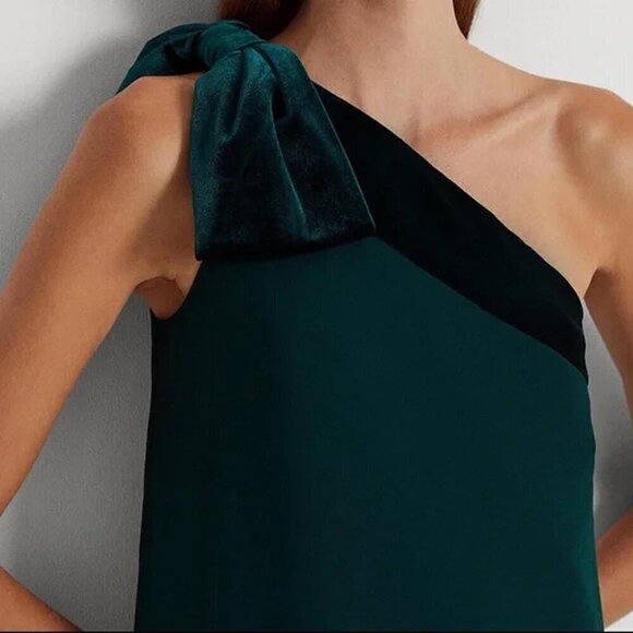 NEW Lauren Ralph Lauren Solid Green Chiffon Velvet One Shoulder Cocktail Dress - Picture 3 of 12